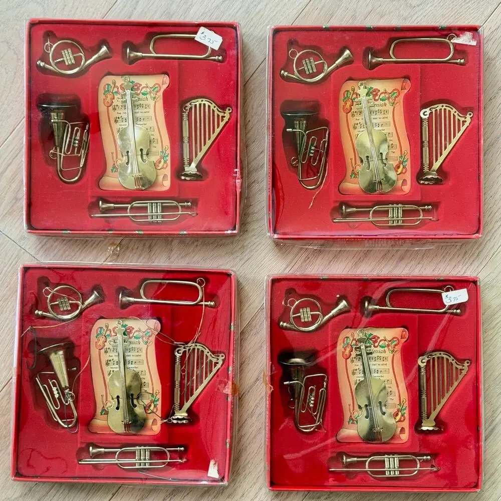 Vintage Brass‑Tone Miniature Musical Instrument Christmas Ornaments Set of 4